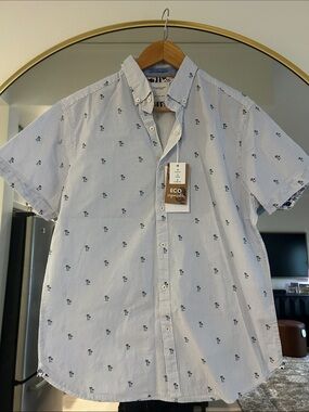 Men's Light Blue Striped Short-Sleeve Shirt with Palm Print
